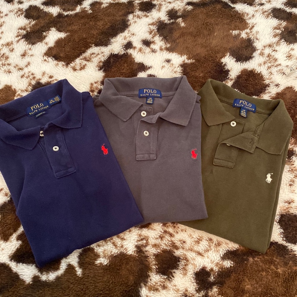 Ralph Lauren Polo shirts lot of 3 olive green, gray, and navy size L (14…